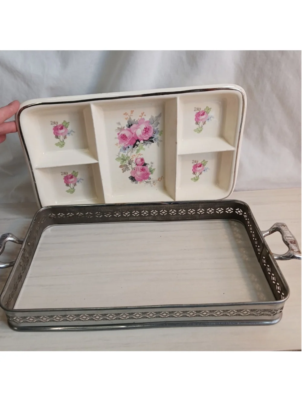 Vintage Ovenproof Divided Serving Tray Floral Pink Rose Silver Raised Trivet
